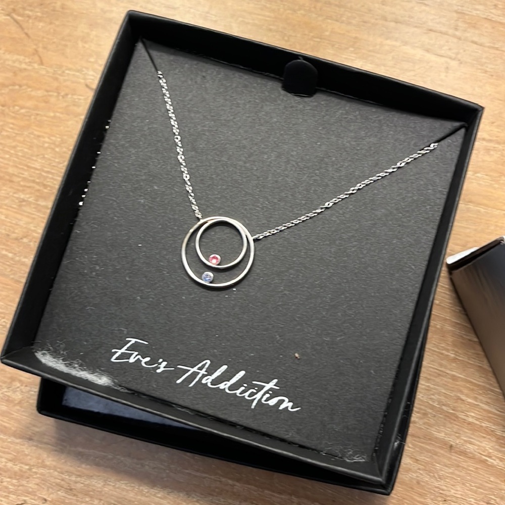 Eves Addiction Two Birthstone Silver Circle Necklace & Heart Jewelry Box